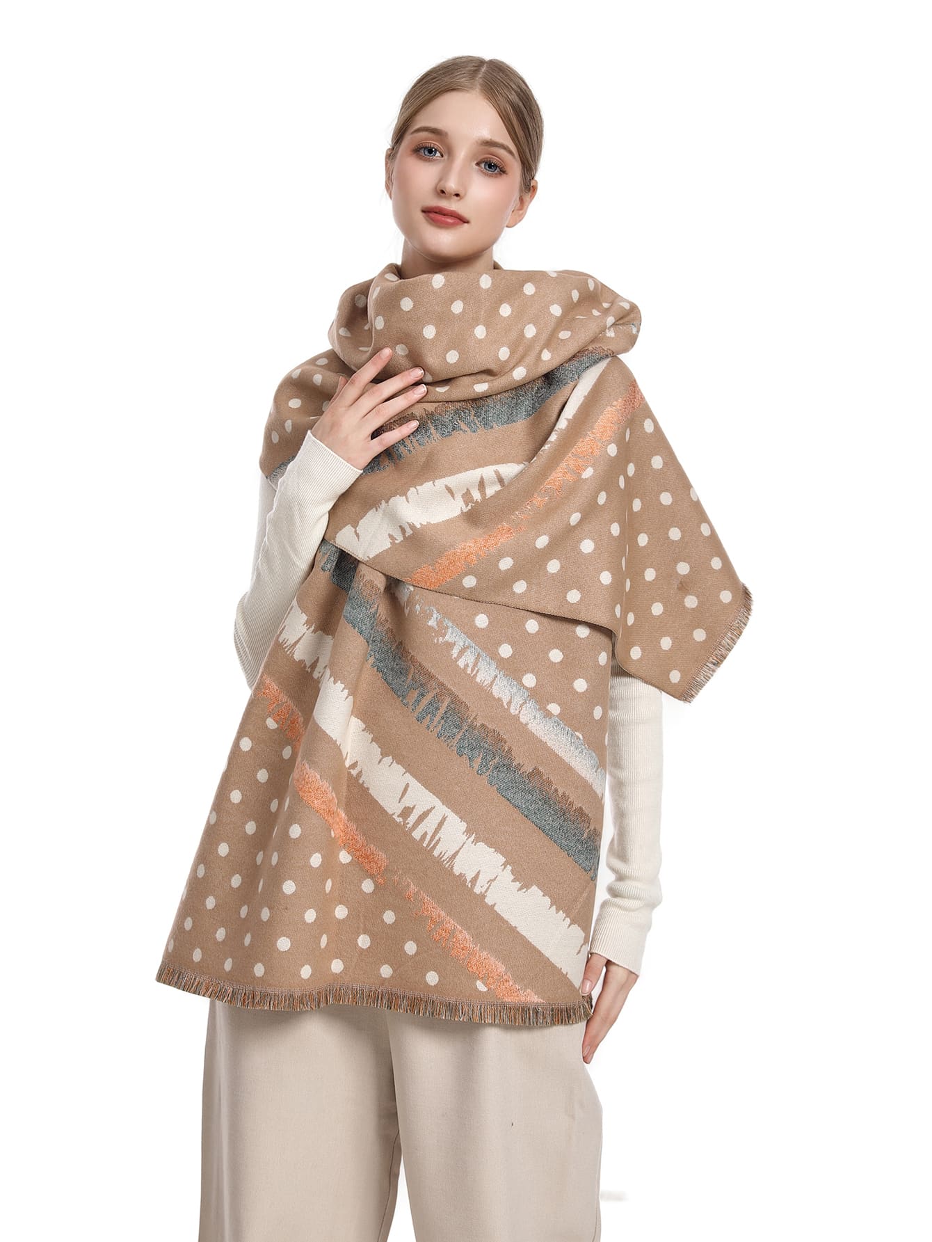 1條女士多色波點厚保暖圍巾,經典時尚人造羊絨秋冬圍巾,柔軟圍巾披肩適合日常穿著