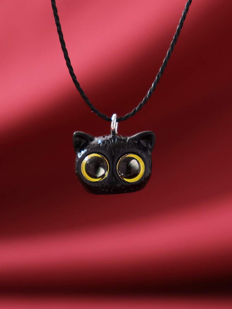 1pc Cartoon Blue Pupil Yellow Eyed Black Cat Charm Rope Necklace For Women, Cute Party Cosplay Pendant