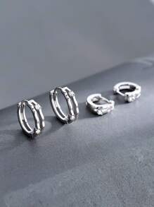 1雙優雅S925純銀微鑲嵌方晶鋯石圓耳環合適的適用於女性日常穿著 - 銀色 - 查看 6