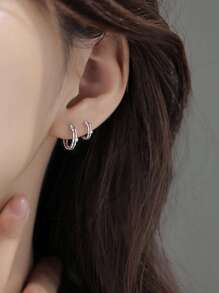 1雙優雅S925純銀微鑲嵌方晶鋯石圓耳環合適的適用於女性日常穿著 - 銀色 - 查看 2