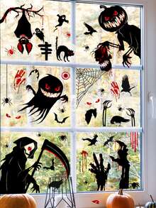 1 Pc Happy Halloween Black Ghost Print Bat Sticker Static Glass Window Sticker Home Decoration Wall Sticker - Multicolor - View 1