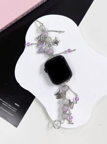 1入女性可調節的紫色珠子蝴蝶手鐲腕帶，適用於蘋果手錶 38/40/41/42/44/45/49 - 彩色 - 查看 1