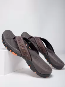 Men Letter Graphic Hollow Out Toe Post Slippers, Leisure Flip Flops For Summer