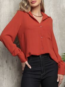 Camisa Feminina Social Manga Longa De Botões Classica tecido duna - Laranja Queimado - Visão 3