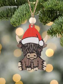 1pc Vintage Western Style Christmas Hat & Cow Shaped Wooden Decorative Hanging Ornament