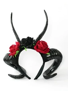 1入組黑色哥德式萬聖節扭曲公羊角頭箍,附有黑色玫瑰和紅色玫瑰萬聖節女裝派對髮箍髮飾 - 彩色 - 查看 3