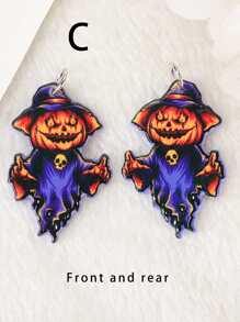 1pair Unique And Cool Street Style Double-sided Acrylic Diy Earrings And Keychains With Dinosaur, Pumpkin, And Other Halloween Patterns, Gift Set Including Ear Hooks And Key Rings - one-size - View 4