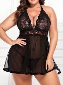 Lencería sexy Babydoll de encaje de talla grande para mujer, camisón de malla para dormir - Negro - Ver 3