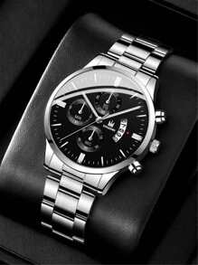Men's Fashion Stainless Steel Band Calendar Quartz Wristwatch As A Gift For Students Returning To School - Silver - View 2