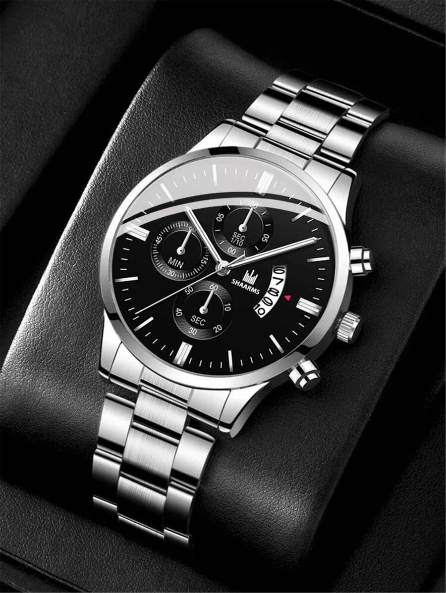 Men's Fashion Stainless Steel Band Calendar Quartz Wristwatch As A Gift For Students Returning To School