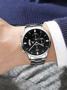 Men's Fashion Stainless Steel Band Calendar Quartz Wristwatch As A Gift For Students Returning To School - Silver - View 3
