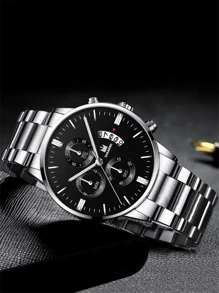 Men's Fashion Stainless Steel Band Calendar Quartz Wristwatch As A Gift For Students Returning To School - Silver - View 4
