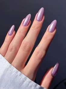 VV MEI JIA ER 24入組珍珠紫閃片假指甲,長杏仁形全覆式指假甲,彩色光澤亮面壓克力指甲貼,附1片膠帶和1支指甲修飾工具 - 紫色 - 查看 1