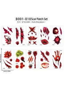 10pcs Halloween Horror Scar Tattoo Stickers, Waterproof Temporary Fake Wound Stickers