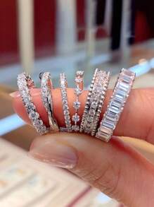 1枚极简主义立方氧化锆戒指，女士款，情人节礼物，结婚纪念日派对首饰 - 銀色 - 查看 12