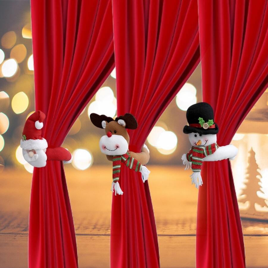 Nouvelle décoration de Noël, pinces à rideau créatives avec motifs de vieux homme de neige, renne, pinces à rideau, convient pour la décoration de Noël, la décoration de la maison, les fêtes, les fournitures d'anniversaire (7,48 x 20,47 pouces) - Multicolore - Voir 1