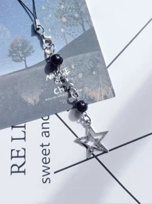 Llavero De Estrella Perlada Para El Teléfono - Blanco y Negro - Ver 3