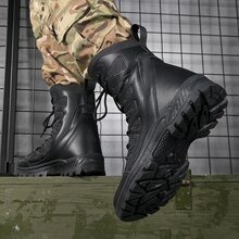 高筒戰術訓練靴戶外登山靴男女不滑防磨野外運動鞋,加大尺碼45-47男士工作靴安全鞋 - 黑色 - 查看 4