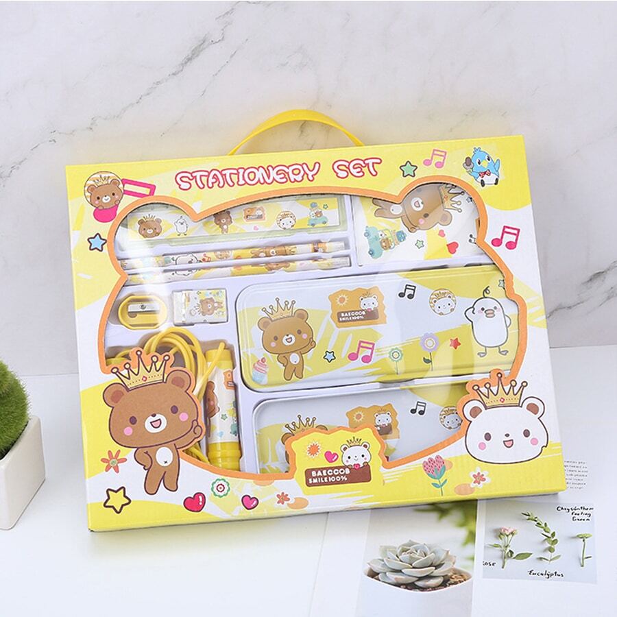 8pcs/set Cartoon Stationery Set Combo Gift Box - Yellow - View 1