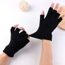 學生純色薄款半露指手套 - 黑色 - 查看 5