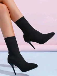 女士秋冬尖头黑色踝靴 - 9.5厘米鞋跟，弹力针织袜靴，纯色优雅时尚款式，适合日常穿着、舞会、派对、节日活动、圣诞节和新年活动