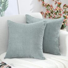1 Pièce Taie D'oreiller Rayée Bleu Brume & Couverture De Coussin Carré , Canapé Décoratif Moderne, Tissu En Côtelé Doux Et Confortable, À Rayures De Maïs, Idéal Pour La Maison, La Chambre, La Résidence Universitaire