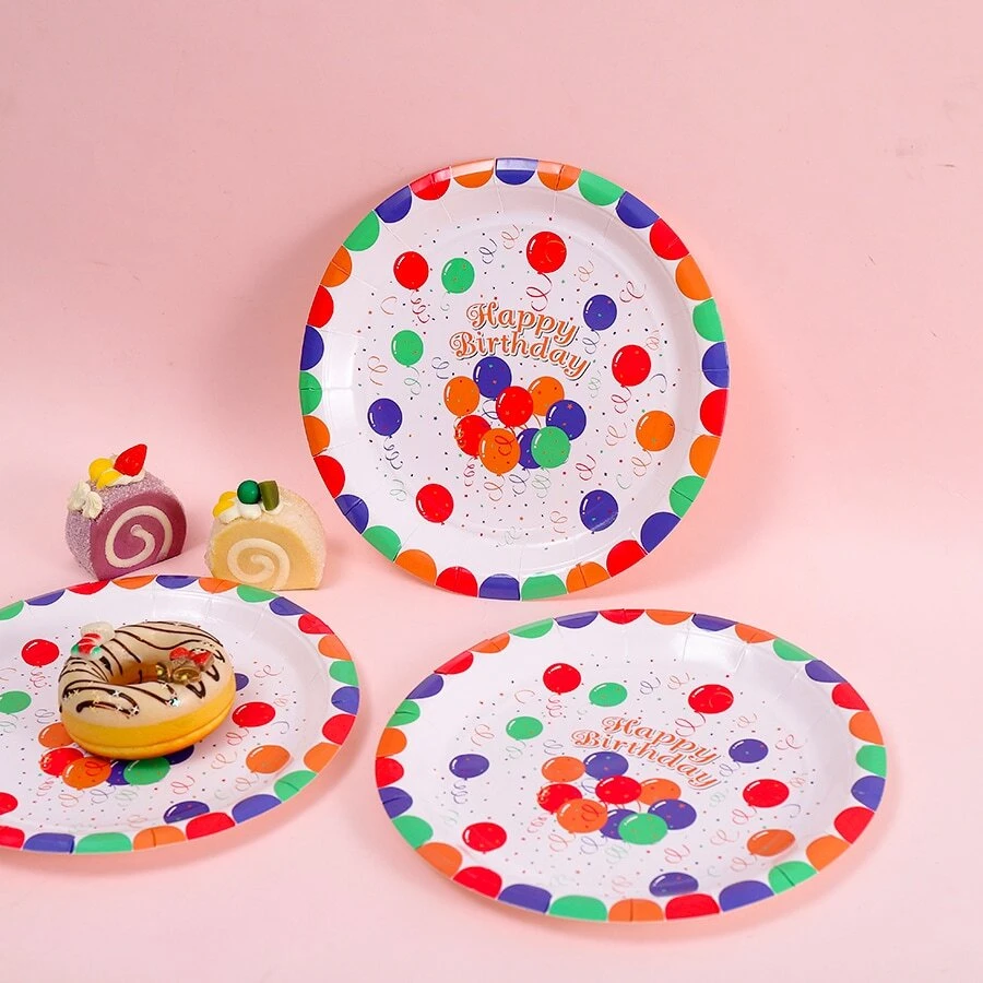 10pcs Happy Birthday Disposable Party Paper Plates With Balloon Design For Children, 9 Inch - Red - View 1