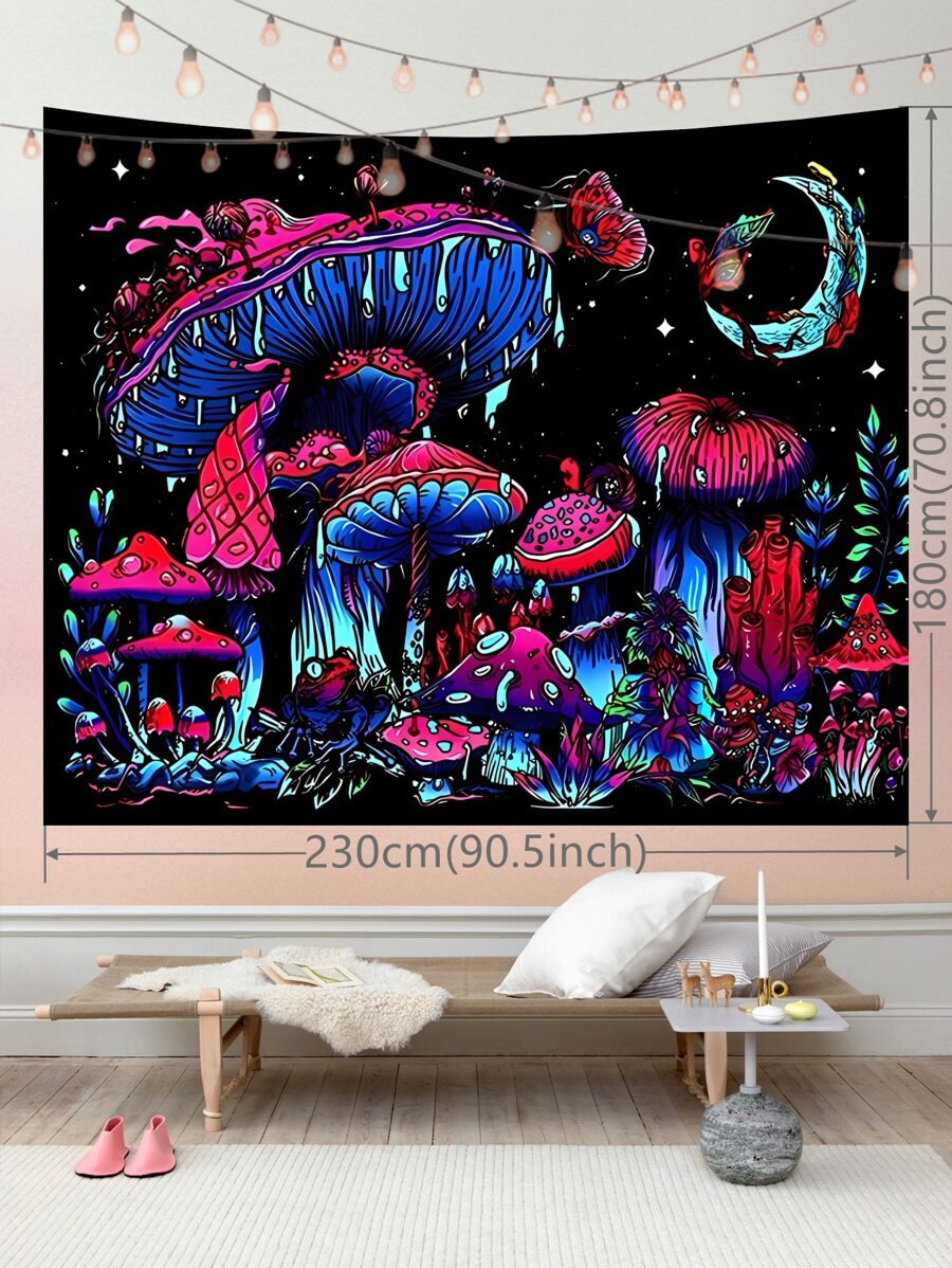 1pc Mushroom & Moon Pattern Uv Tapestry, Wall Hanging Decor For Living