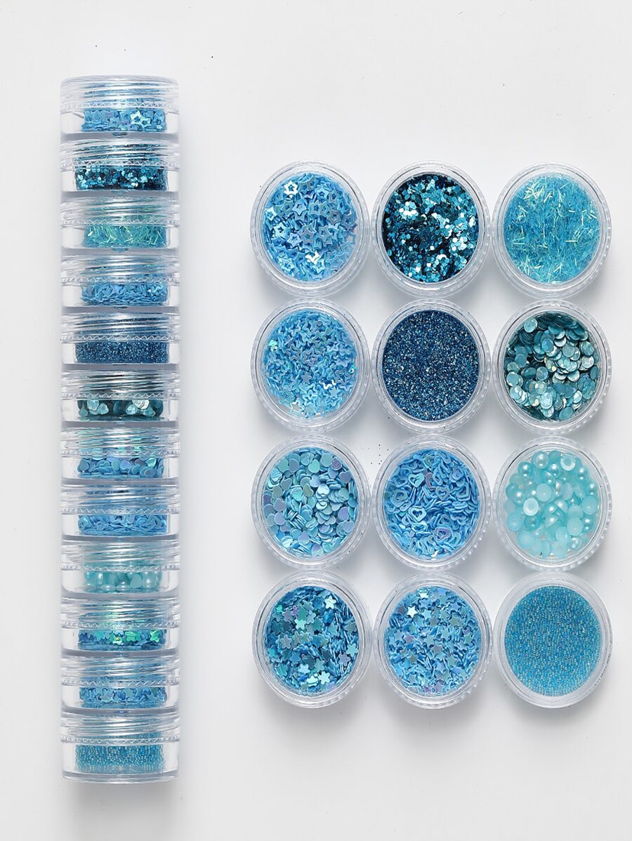 12入組藍色系列美甲亮片裝飾套裝，DIY美甲魅力，美甲寶石，美甲用品 - 淺藍色 - 查看 1