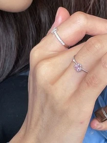 極簡風格s925純銀粉色水晶扭繩愛心設計女士戒指,具有時尚的ins風格和冷酷的風格,可戴在食指上 - 白色 - 查看 2