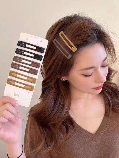 6个/套 女孩咖啡色简约哑光发夹，可爱侧夹发卡甜美头饰休闲情人节爪夹发卡，学习用品，发饰