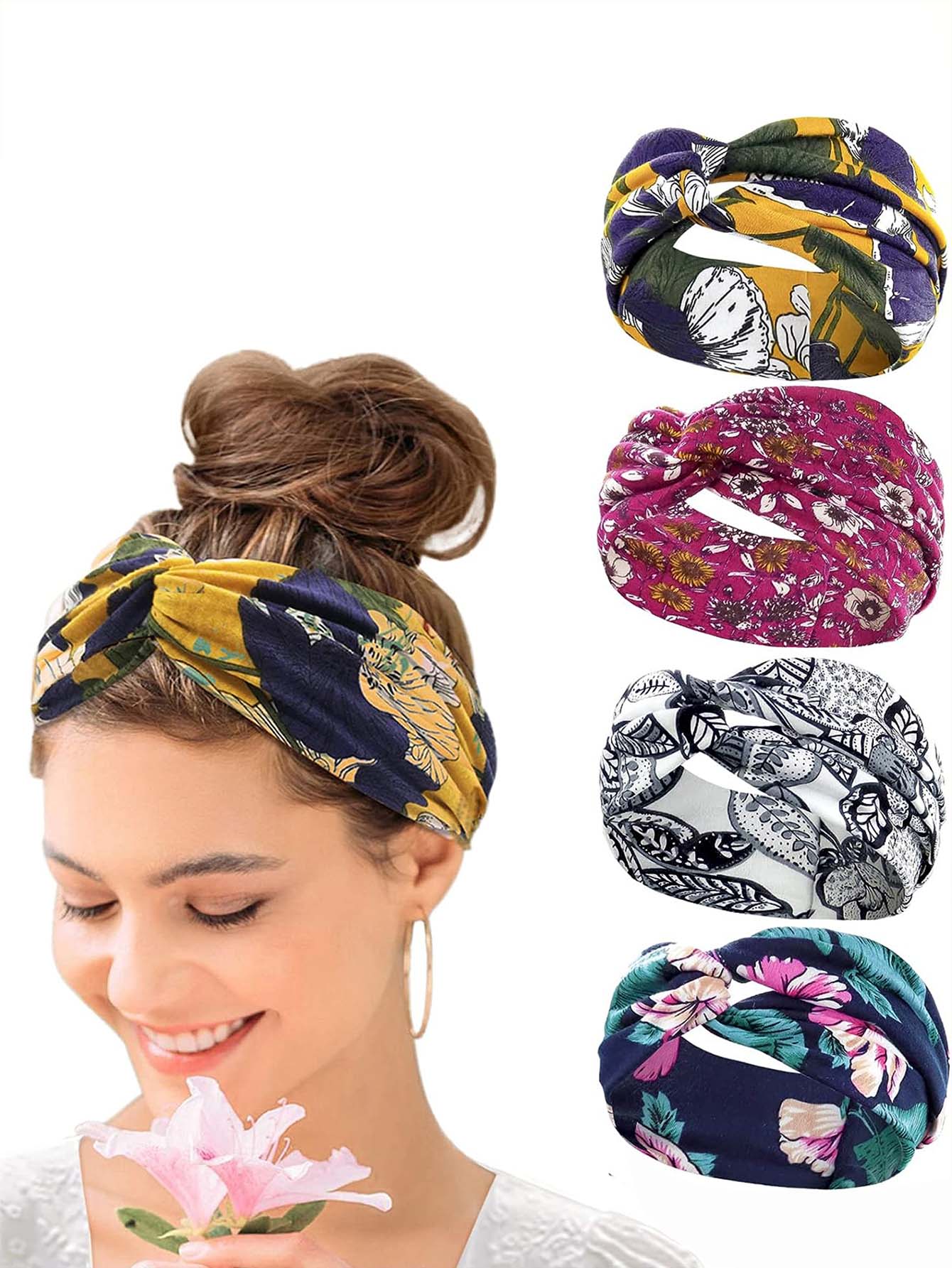4 chiếc băng đô boho cho nữ, băng đô cài tóc, khăn xếp, băng đô hoa mềm mại cho tóc hàng ngày, yoga, thể thao, thể dục, Halloween - Nhiều màu - Xem 1