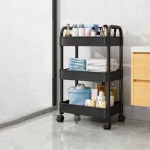 1pc 3-tier Bathroom Storage Rack, Free-standing Kitchen Vegetable Basket Trolley With Wheels - Black - View 1