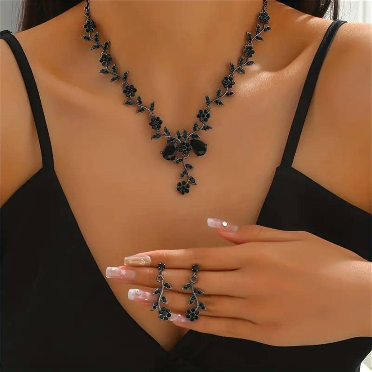 Set de 3 bucăți de lanț de cristal negru la modă și delicat cu incrustații de strasuri pentru femei, accesorii pentru nuntă și petrecere, cadou - Negru - Vizualizare 1
