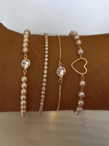 17KM 4 件简约珍珠水钻心形吊饰手链，适合女孩度假、约会、日常搭配（珍珠数量随机发送） - 金黃色 - 查看 1