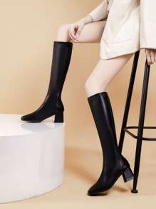 Women's Over The Knee High Chunky Heel Riding Boots For Short Stature, Square Toe Soft Pu Leather Fashion Winter Booties, Medium Heel Street Dance Boots