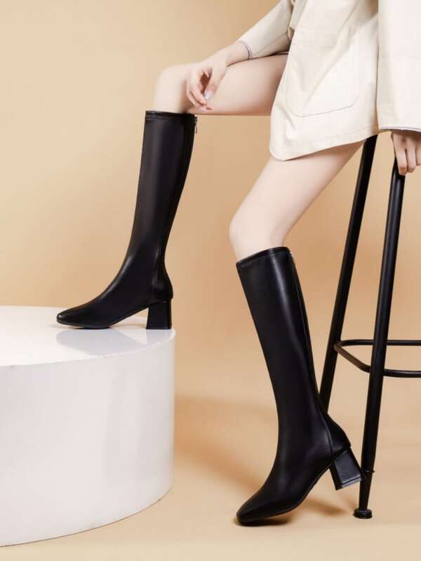 Women's Over The Knee High Chunky Heel Riding Boots For Short Stature, Square Toe Soft Pu Leather Fashion Winter Booties, Medium Heel Street Dance Boots