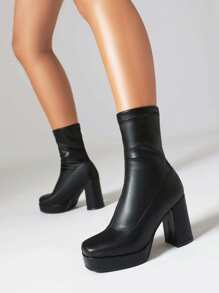 JIAOFEITI 女式秋冬方頭厚跟踝靴,水波底平台筒靴,萬能百搭優雅 - 黑色 - 查看 1