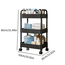 1pc 3-tier Bathroom Storage Rack, Free-standing Kitchen Vegetable Basket Trolley With Wheels - Black - View 6