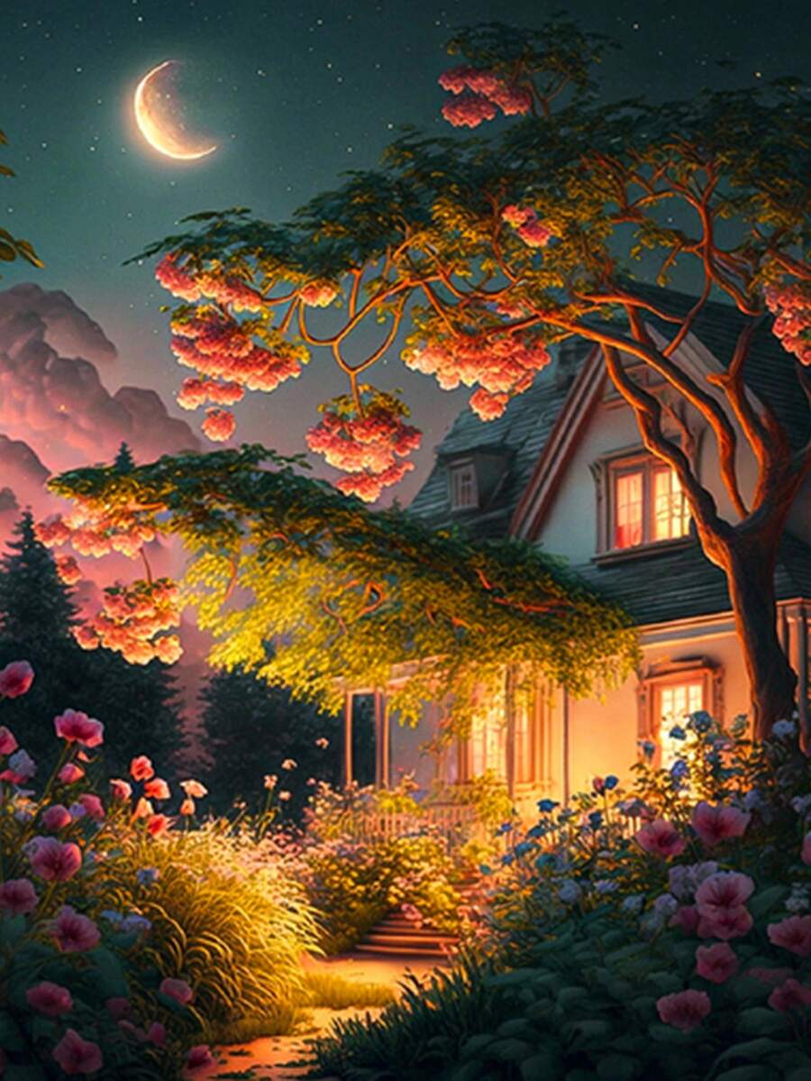 5D 钻石画“月光下的房子”，现代艺术马赛克全圆钻石十字绣，家居客厅装饰