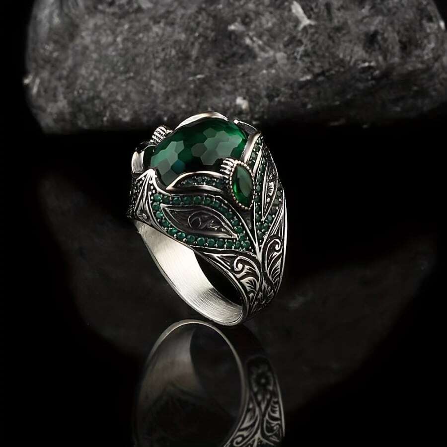 Cross-border Artistic Vintage Inlaid Rhinestone Ring, Fashionable Men's Ring - Green - View 1
