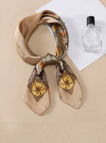 1 Pañuelo De Seda Para Mujer Impreso Con Patrón De Pashmina, Cinta De Pelo, Mascada, Pañuelo De Cuello Como Accesorio Diario - Marrón - Ver 3