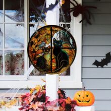 萬聖節暗黑凝視黑貓設計亞克力圓形吊墜帶鐵鍊,懸掛裝飾適合節日場合、商店櫥窗、門廊 - TYU107 - 查看 1