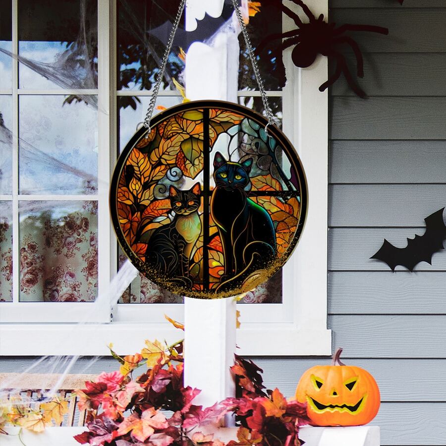 萬聖節暗黑凝視黑貓設計亞克力圓形吊墜帶鐵鍊,懸掛裝飾適合節日場合、商店櫥窗、門廊 - TYU107 - 查看 1