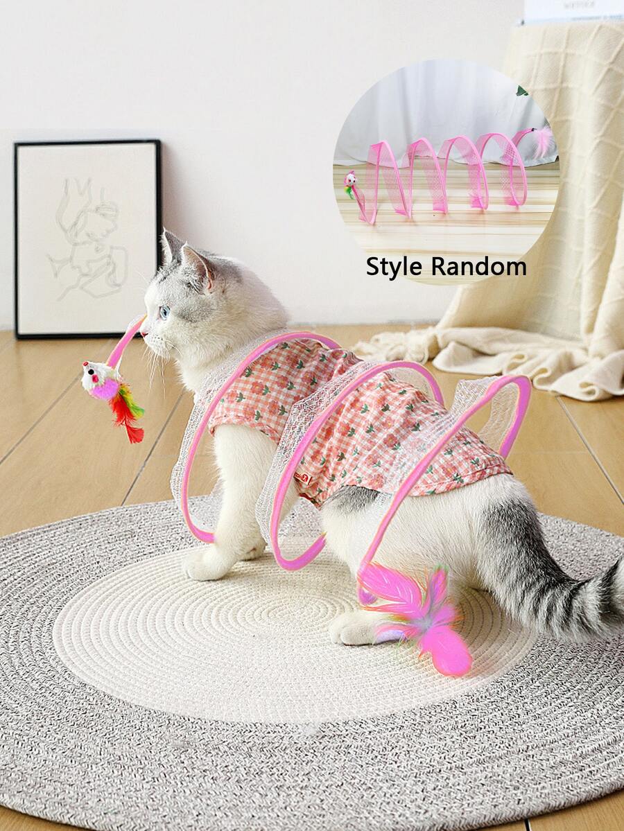 1入組可折疊和便攜S形滾動羽毛圖案老鼠貓玩具帶隧道,風格隨機 - 粉色 - 查看 1