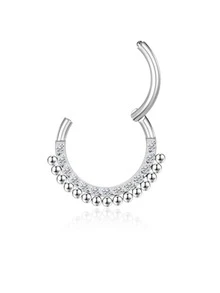 Titanium Nose Ring, Rhinestone Studded Circular Nose Loop With Welding Bead On The Side, Implantable G23 Titanium Alloy Cartilage Diaphragm Ear Hook, Body Piercing Jewelry With Stainless Steel Studded Spiral Shell, Width 8/10/12mm - Silver - View 8