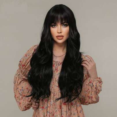 Peruca Lace Wig Ondulada 70cm Ideal Para Uso Diario Preta Franja