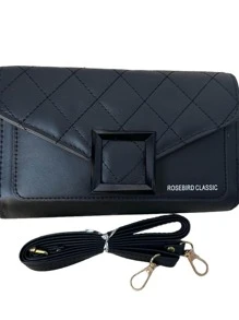 cartera para celular triangular con dos cierres y con correa bordada con diseño de cuadro - Negro - Ver 2