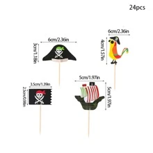 24入組海盜主題杯子蛋糕釘,卡通海盜船長旗幟和帽子造型蛋糕裝飾,派對必備 - 彩色 - 查看 4