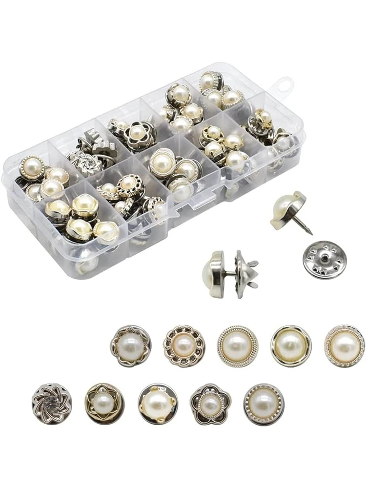 50pcs Seamless Faux Pearl & Rhinestone Buttons Brooches Pin For Clothes, Shirt, Sleeve Anti-Waist Opening